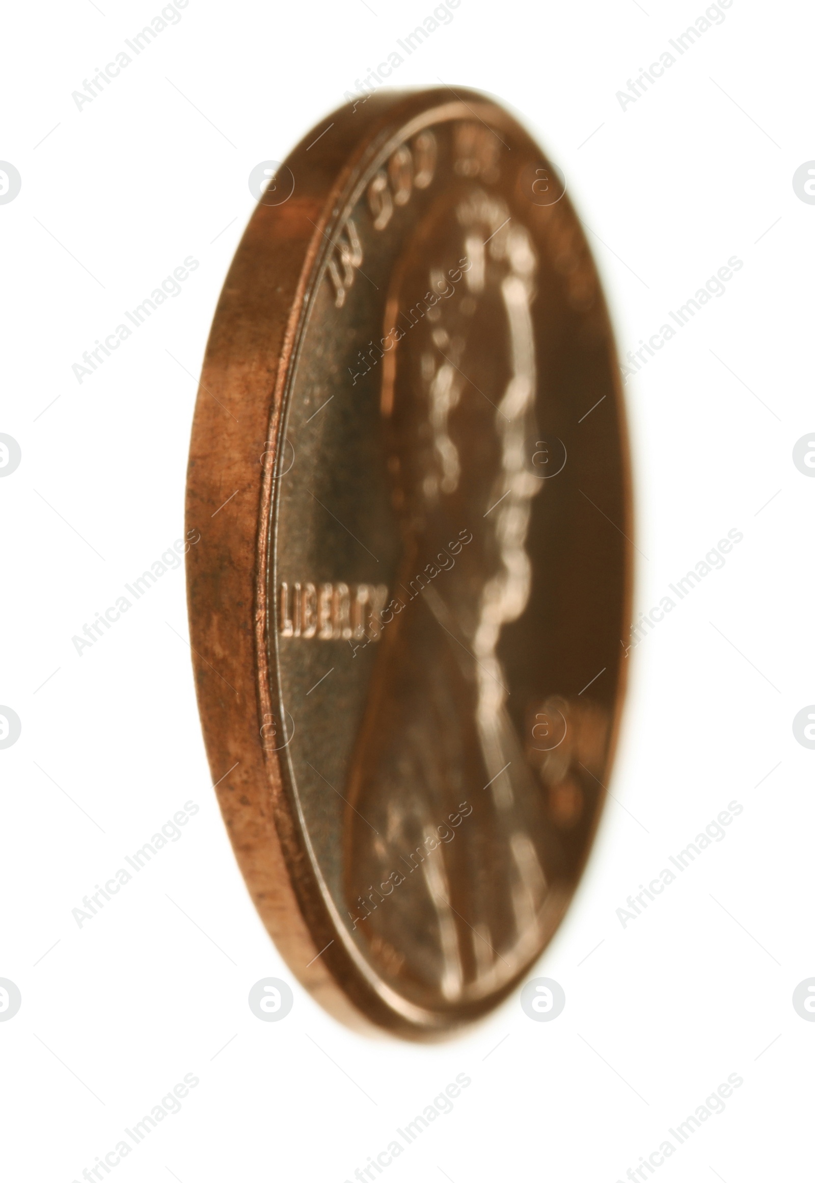 Photo of United States one cent coin on white background