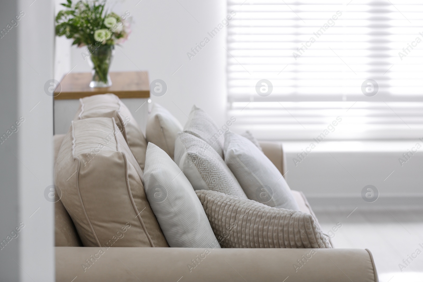 Photo of Sofa with pillows in modern living room interior