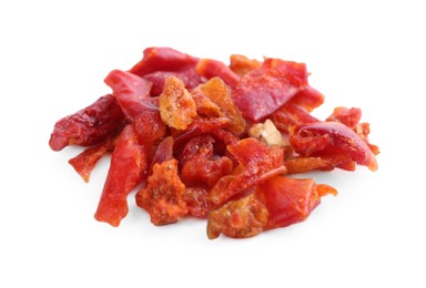 Photo of Aromatic spice. Pile of red chili pepper flakes isolated on white