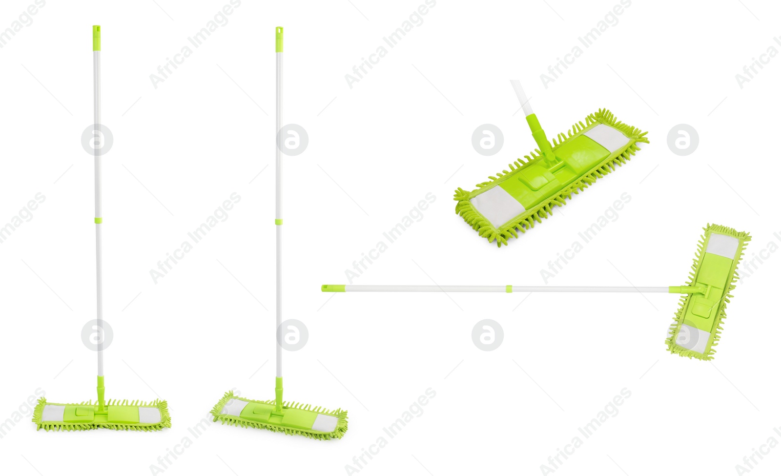 Image of Collage with green flat mop on white background, top and side views