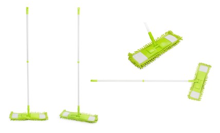 Image of Collage with green flat mop on white background, top and side views