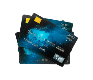 Photo of Blue plastic credit cards on white background