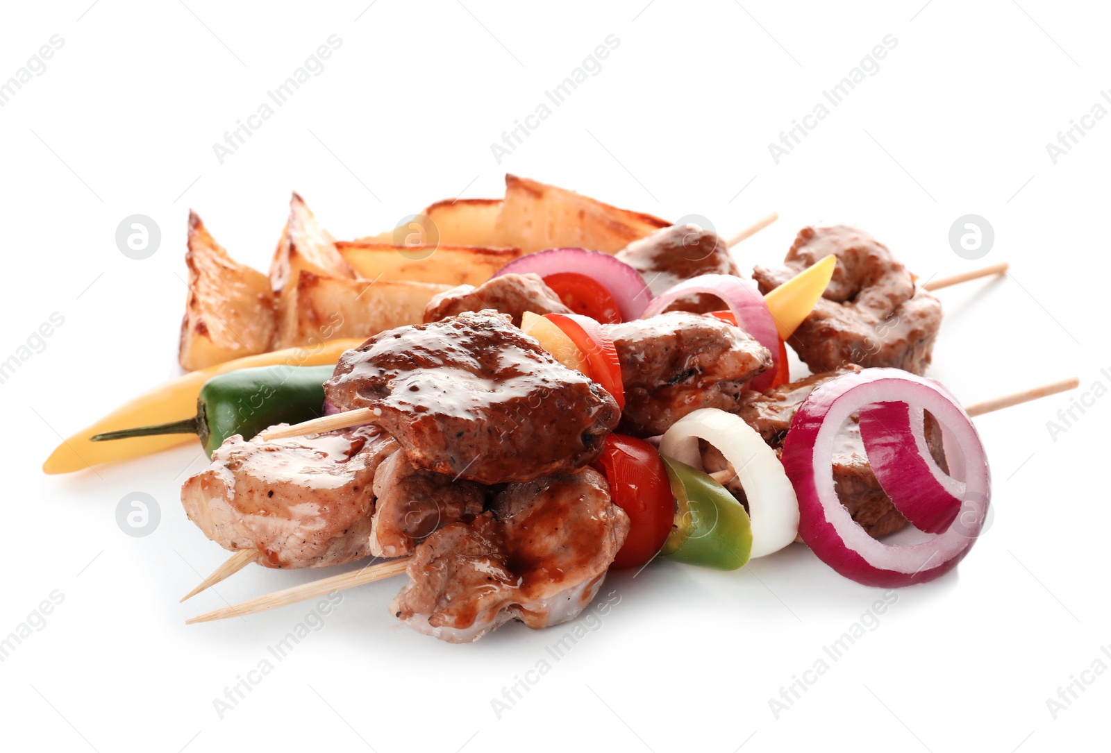 Photo of Delicious fried meat with garnish on white background