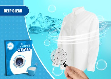 Powdered laundry detergent advertisement design. Woman looking through magnifying glass at white shirt, closeup