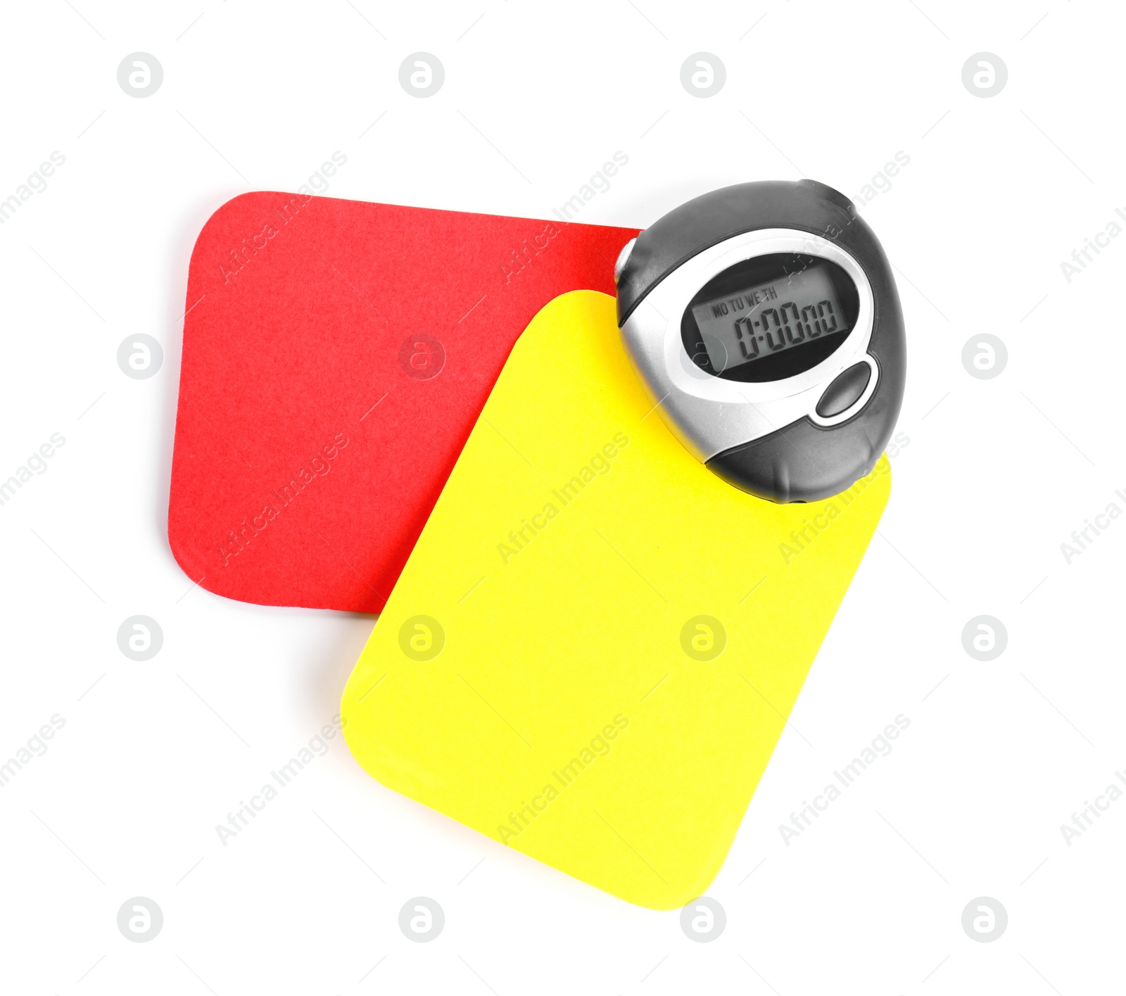 Photo of Stopwatch, red and yellow cards on white background, top view. Football rules