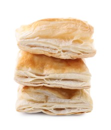 Photo of Stack of delicious fresh puff pastries isolated on white