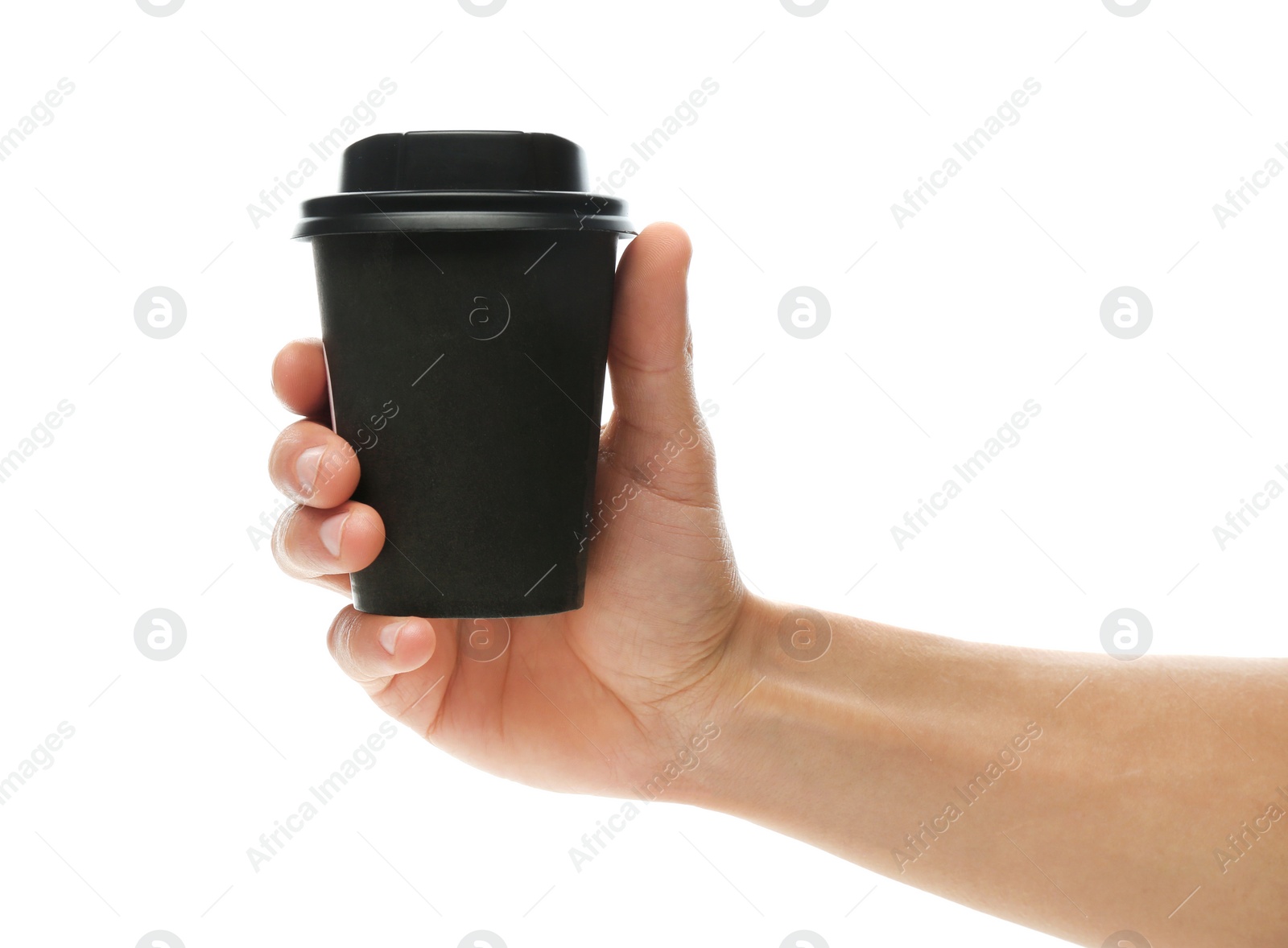 Photo of Man holding takeaway paper coffee cup on white background