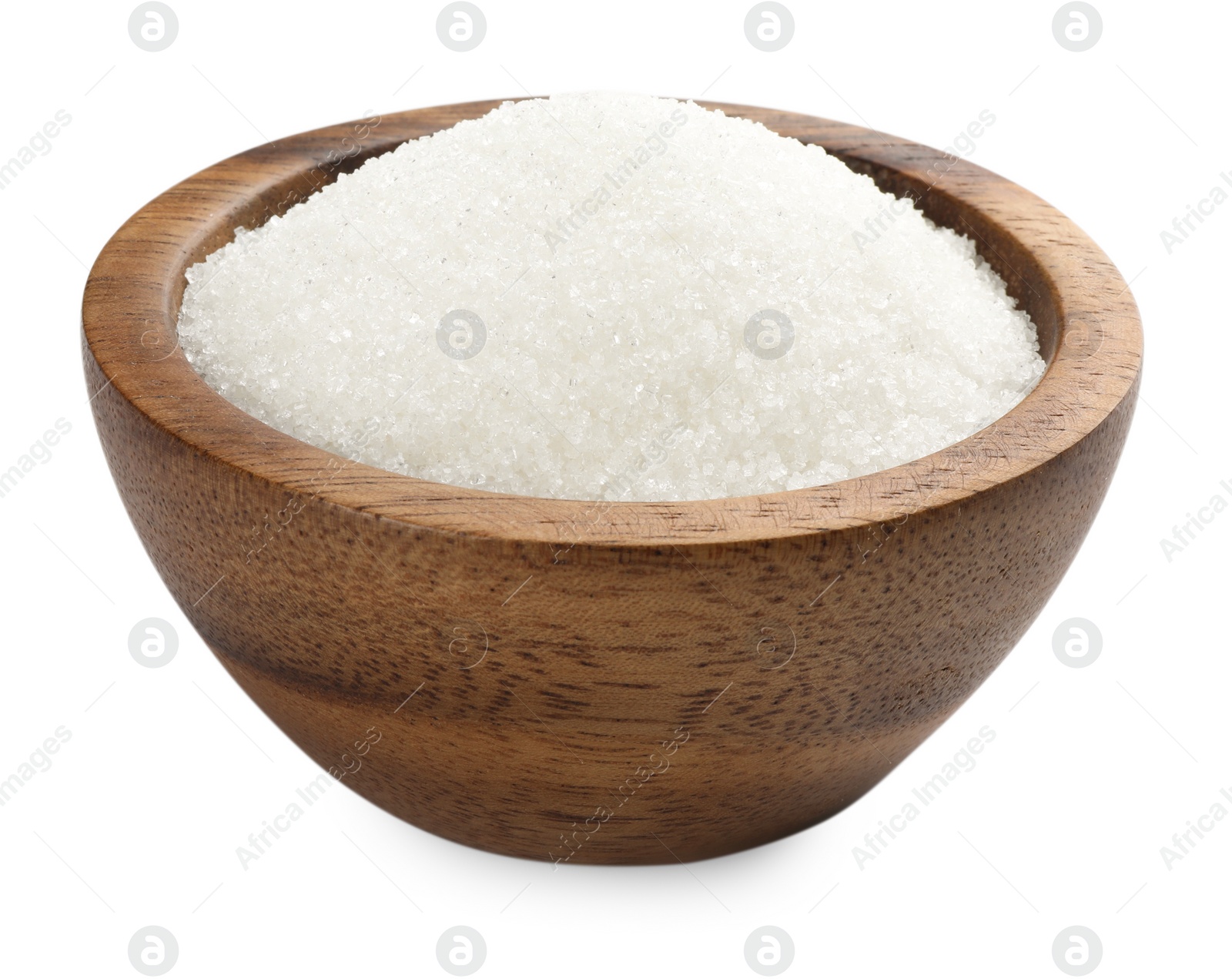 Photo of Granulated sugar in bowl isolated on white