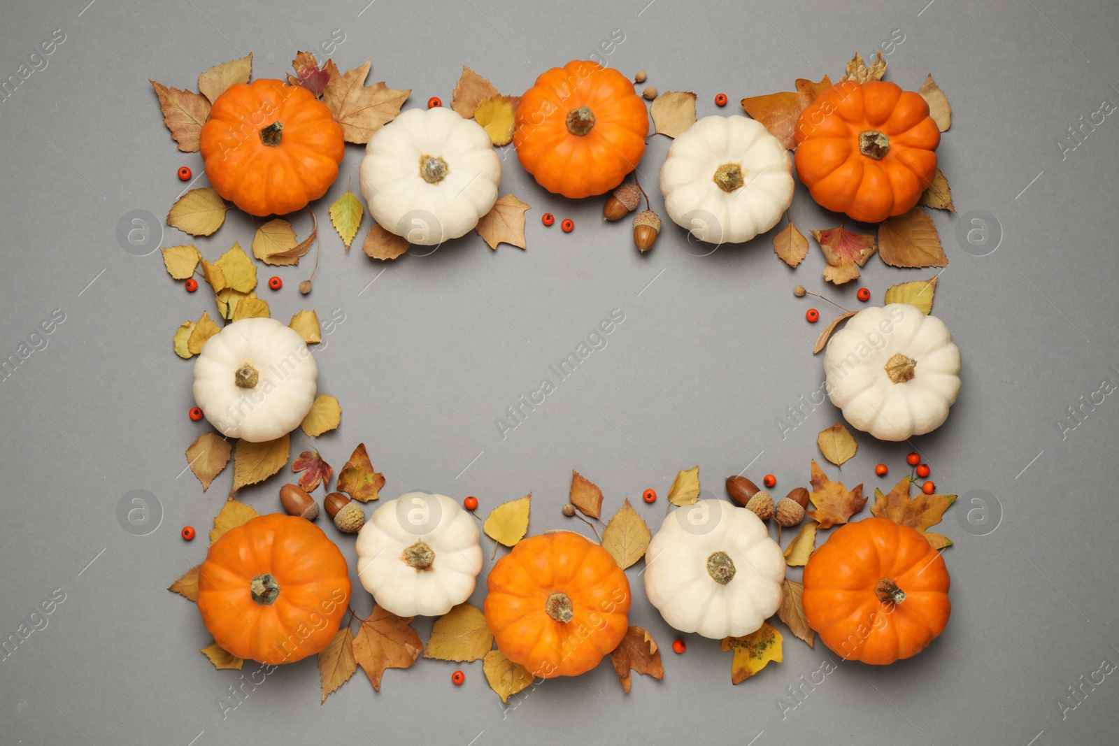 Photo of Frame made of different pumpkins, autumn leaves and acorns on grey background, flat lay. Space for text