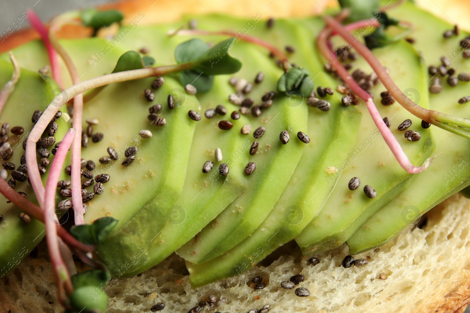 Photo of Tasty toast with avocado, sprouts and chia seeds, closeup