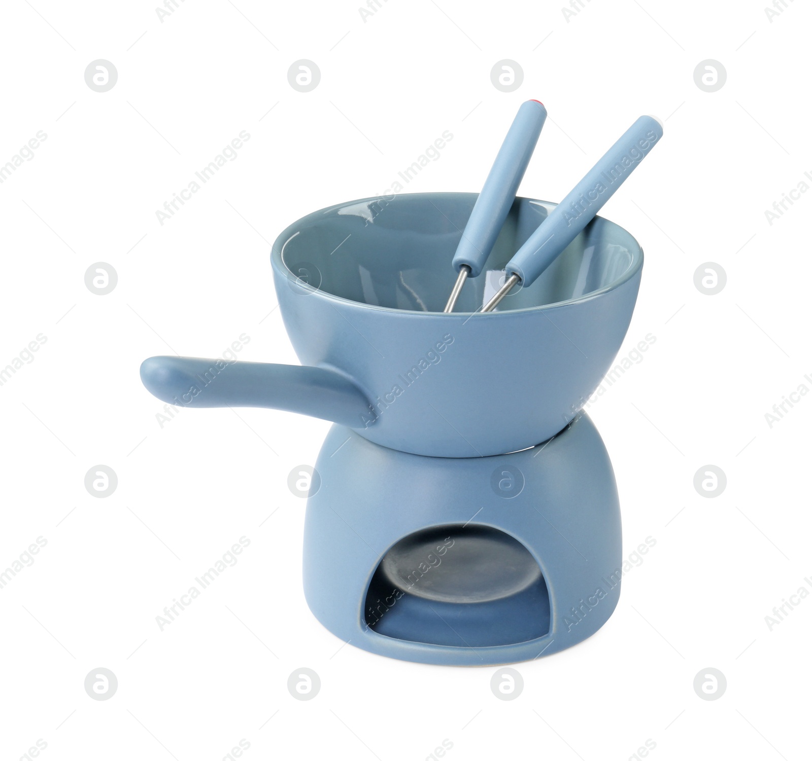 Photo of Fondue set isolated on white. Kitchen equipment