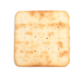 Photo of Tasty crispy square cracker isolated on white, top view