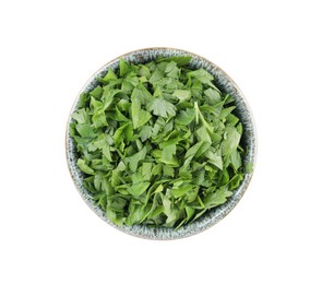 Photo of Chopped parsley leaves in bowl isolated on white, top view
