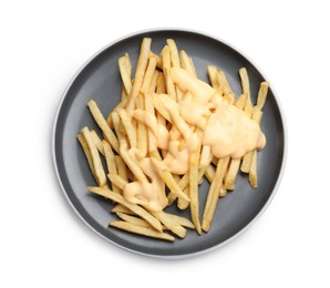 Delicious french fries with cheese sauce isolated on white, top view