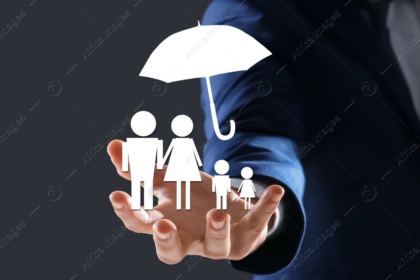 Image of Insurance concept - umbrella demonstrating protection. Man with illustrations on dark background, closeup