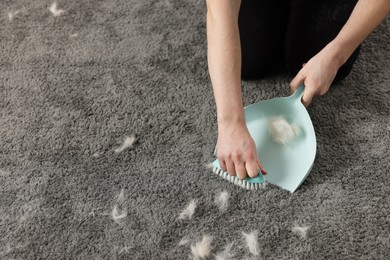 Photo of Man with brush and pan removing pet hair from carpet, above view. Space for text