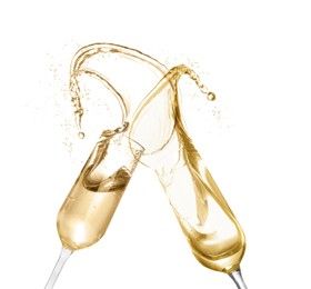 Image of Clinking glasses of sparkling wine with splash on white background