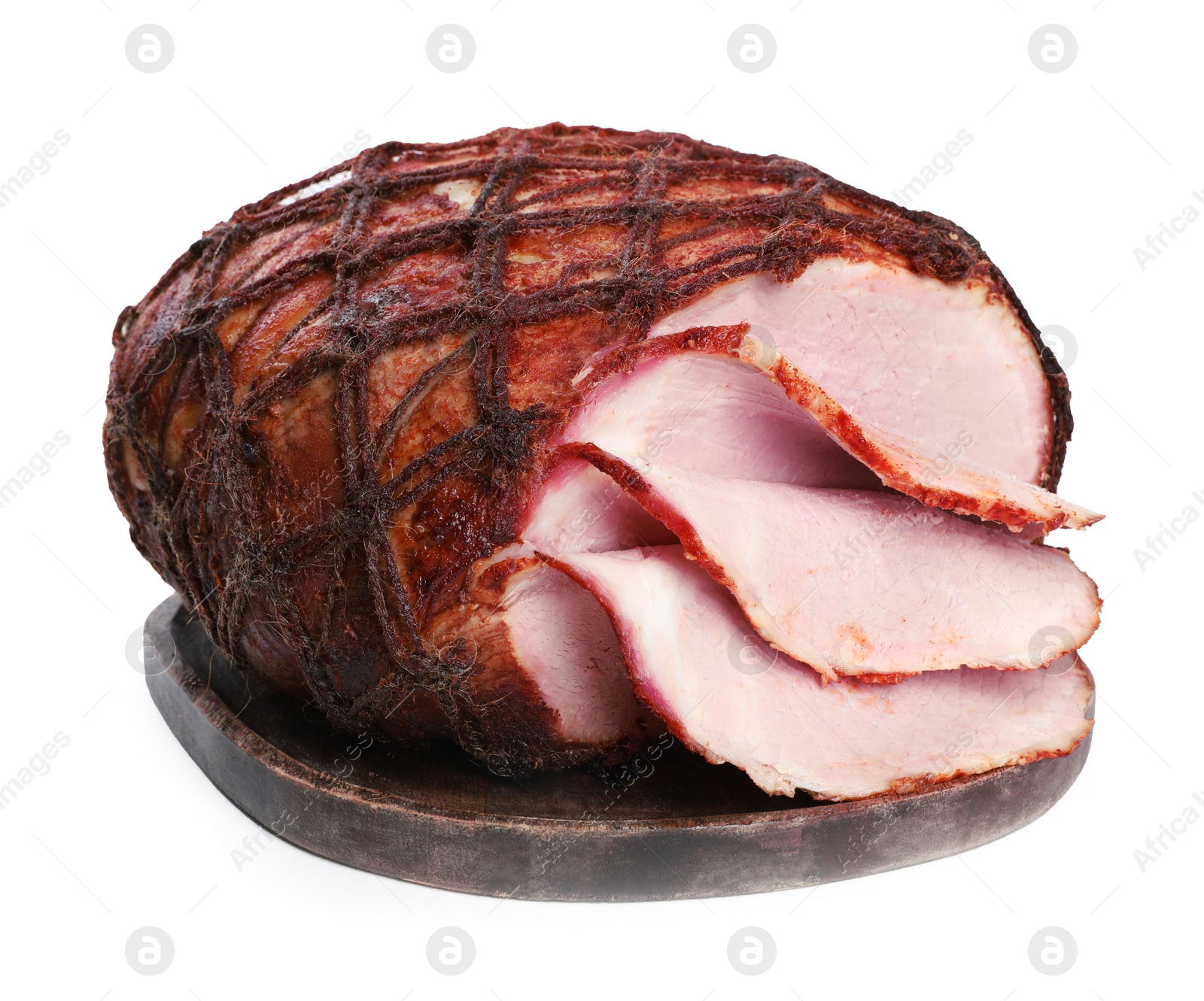 Photo of Cut delicious baked ham isolated on white