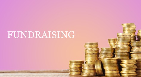 Stacked coins on color background, banner design. Fundraising