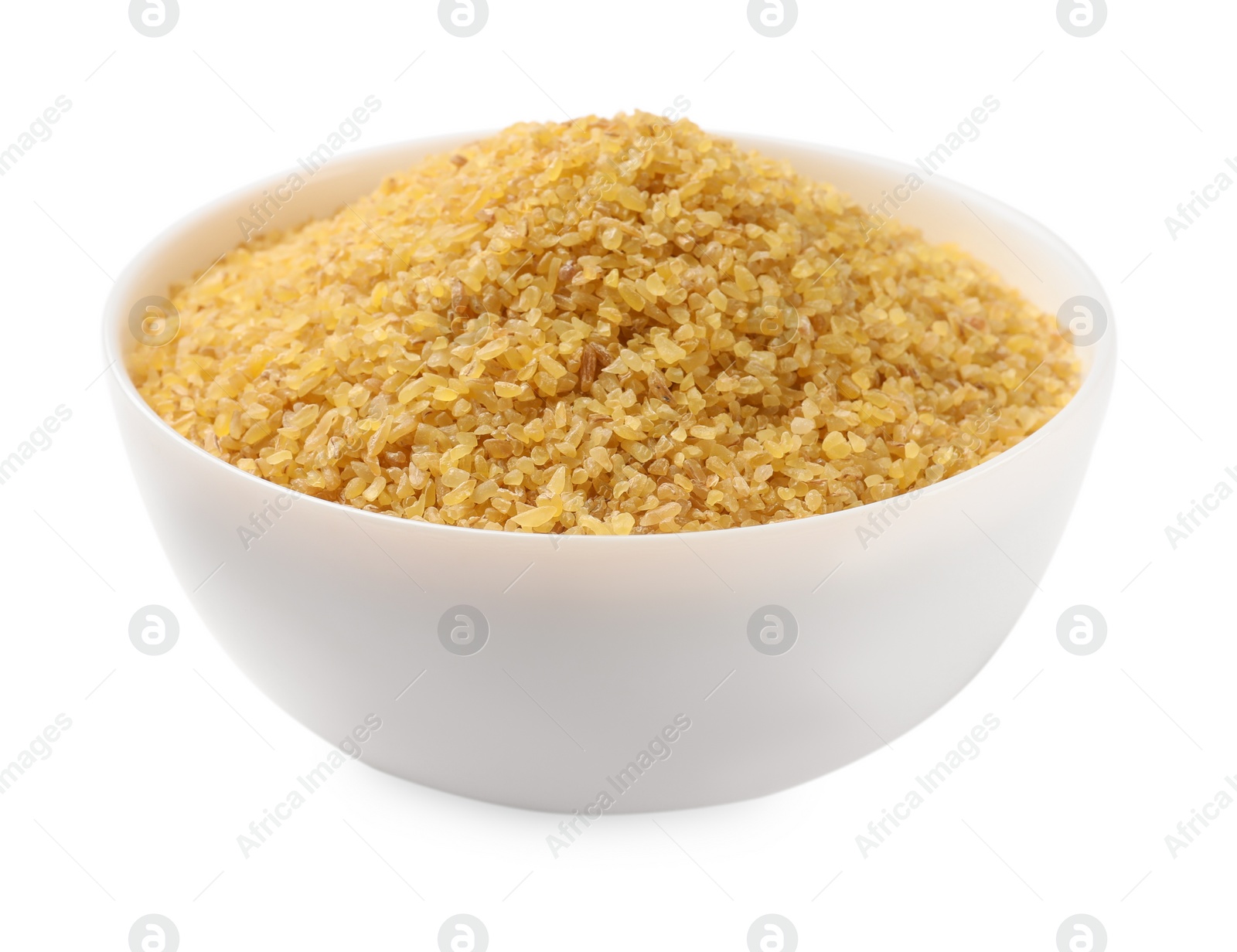 Photo of Bowl of raw bulgur isolated on white