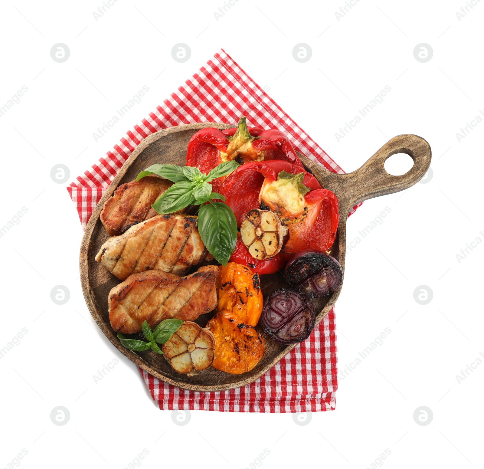 Photo of Board with tasty grilled vegetables, meat and basil isolated on white, top view