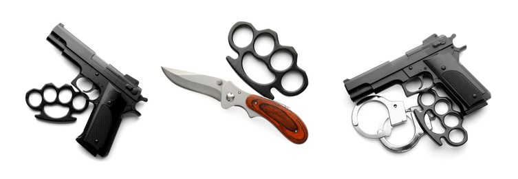 Set with black brass knuckles, guns and knife on white background, top view. Banner design