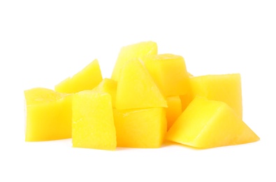 Fresh juicy mango cubes isolated on white