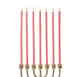 Photo of Golden menorah with burning candles on white background