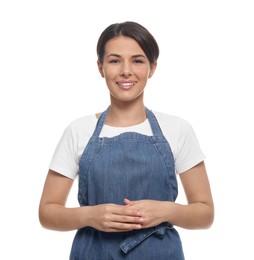 Young woman in blue apron on white background