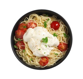 Photo of Delicious spaghetti with burrata cheese and tomatoes in bowl isolated on white, top view