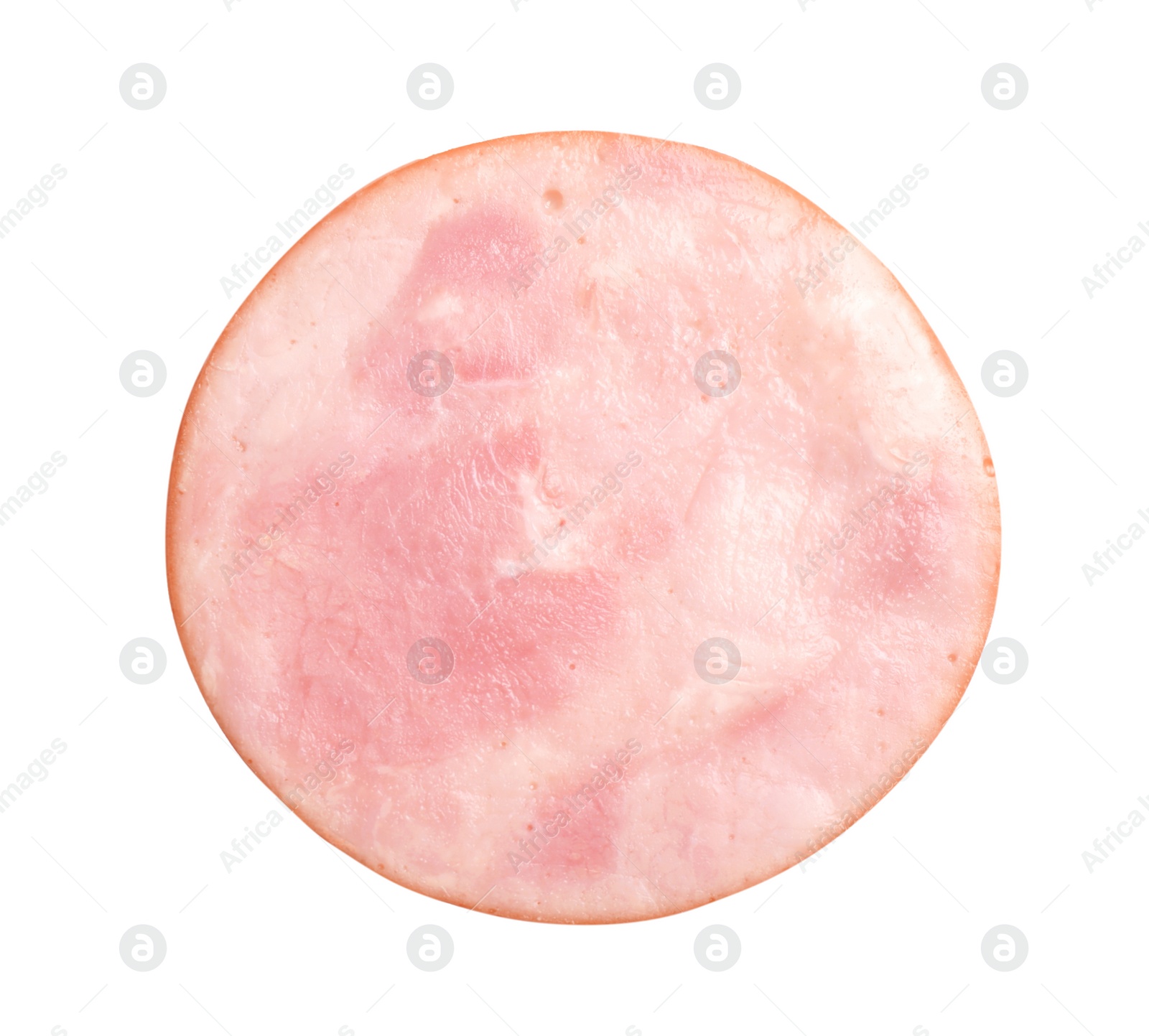 Photo of Slice of tasty fresh ham isolated on white, top view