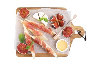 Photo of Wooden board with tasty melon, jamon, figs, honey and brie cheese isolated on white, top view