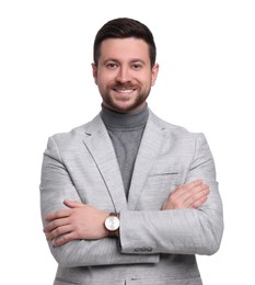 Photo of Handsome bearded businessman in suit on white background