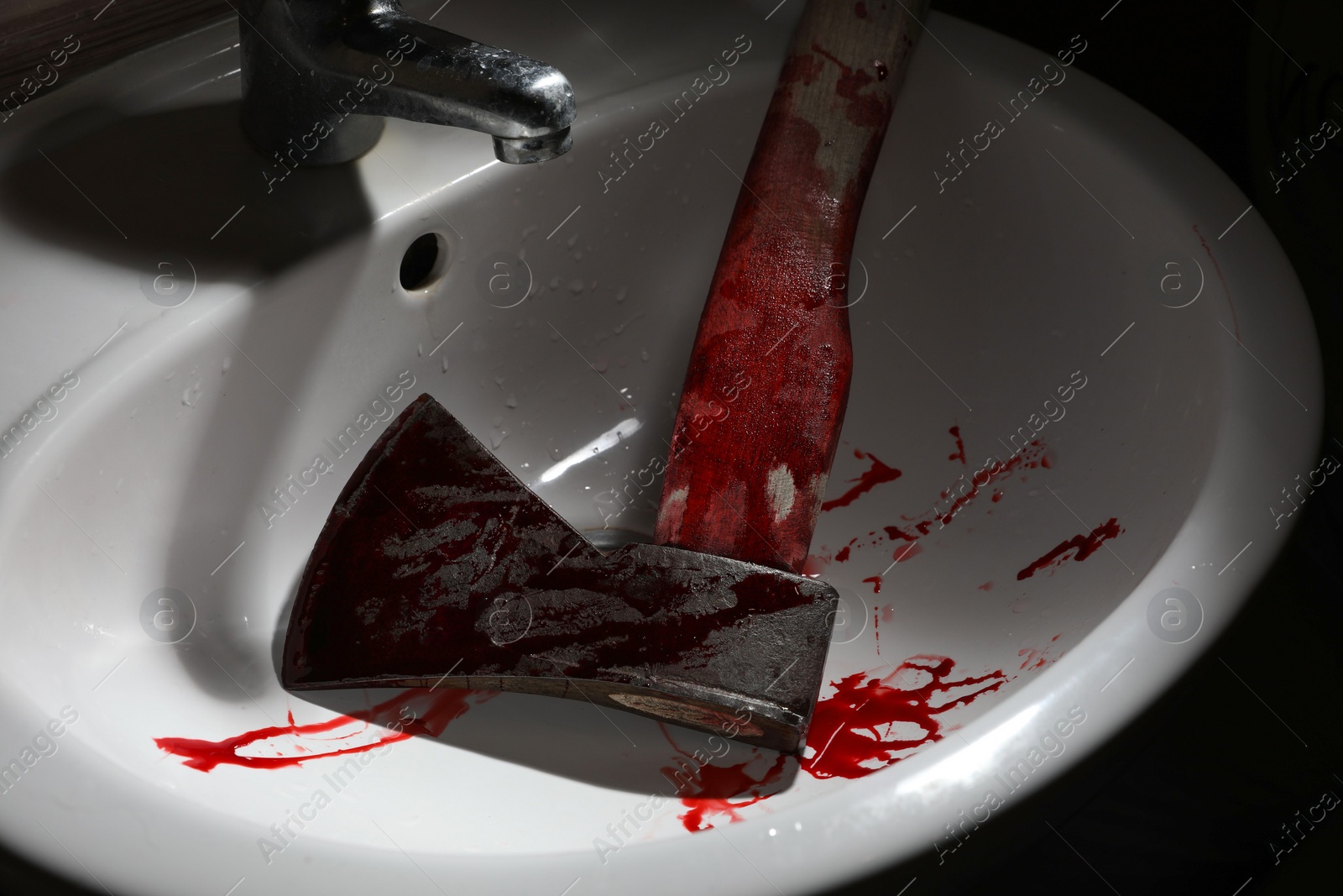 Photo of Axe with blood in sink, closeup view