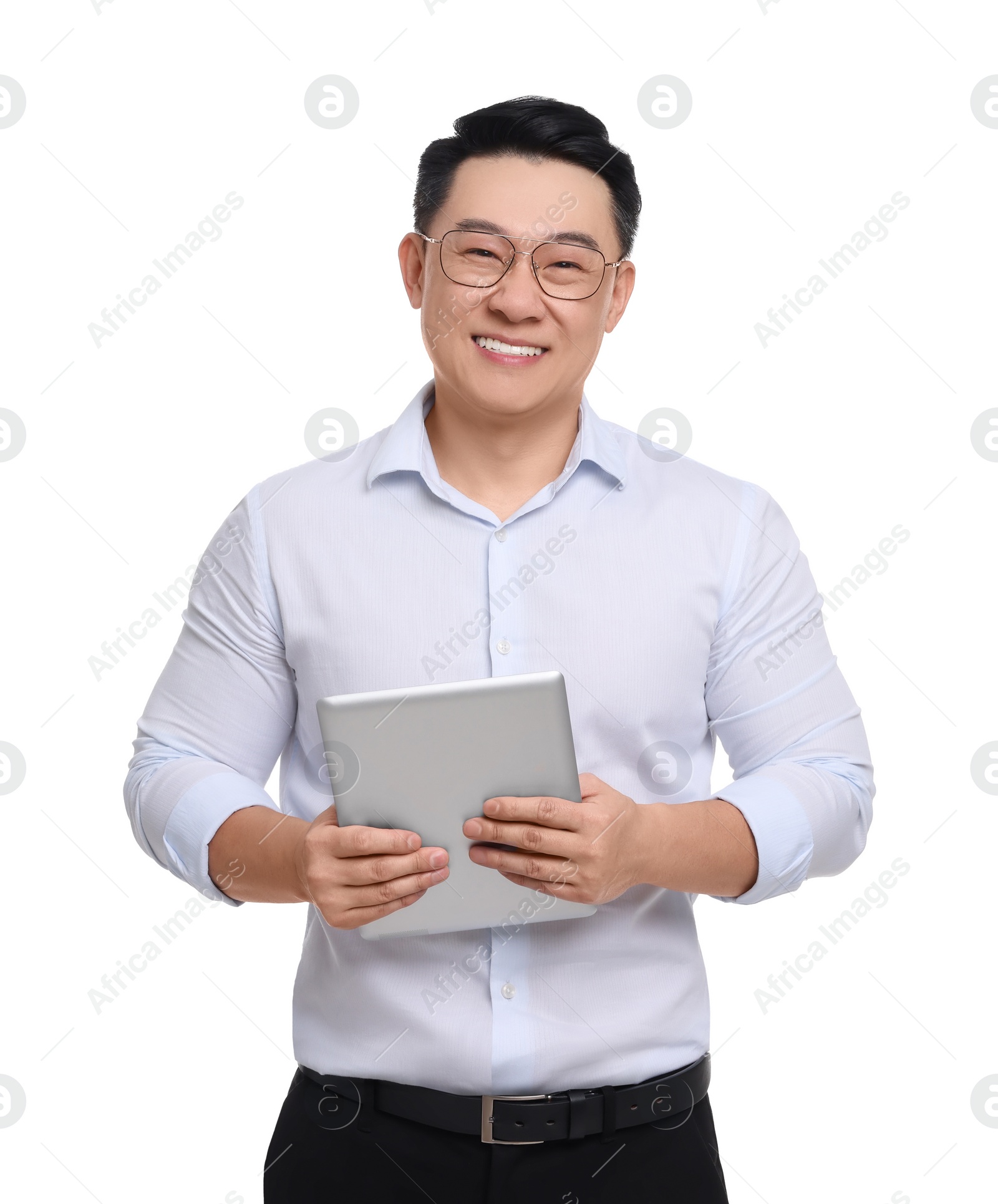 Photo of Businessman in formal clothes with tablet on white background