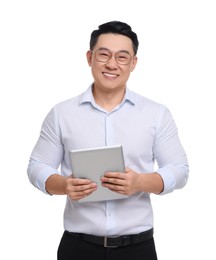 Photo of Businessman in formal clothes with tablet on white background