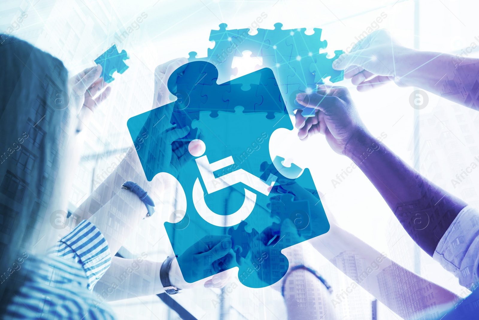 Image of Inclusive workplace culture. Puzzle piece with international symbol of access. Group of people putting puzzle together