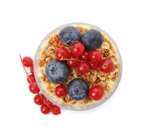 Photo of Delicious yogurt parfait with fresh berries on white background, top view