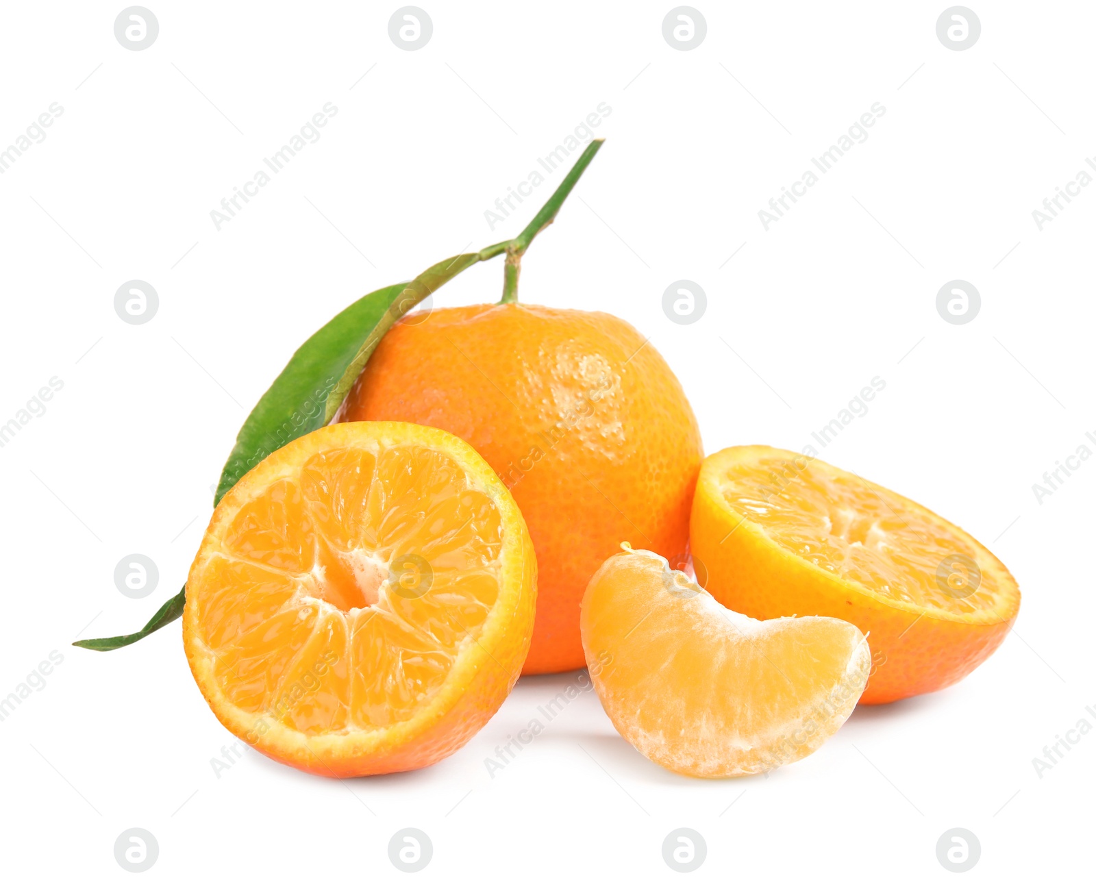 Photo of Tasty ripe tangerines on white background. Citrus fruit