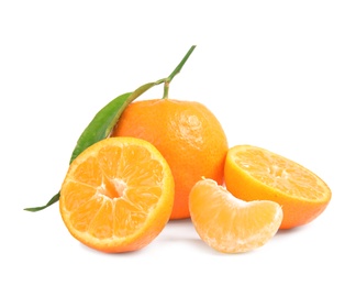 Tasty ripe tangerines on white background. Citrus fruit