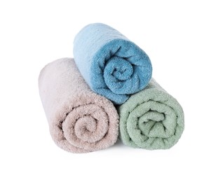 Photo of Rolled fresh clean towels on white background