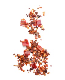 Chili pepper flakes on white background, top view