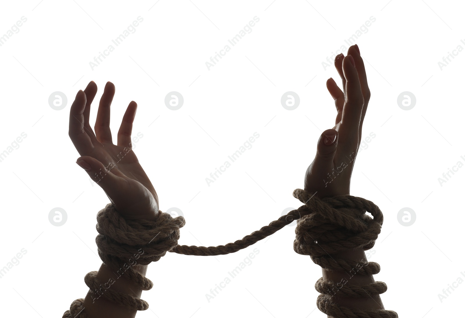 Photo of Freedom concept. Woman with tied arms on white background, closeup