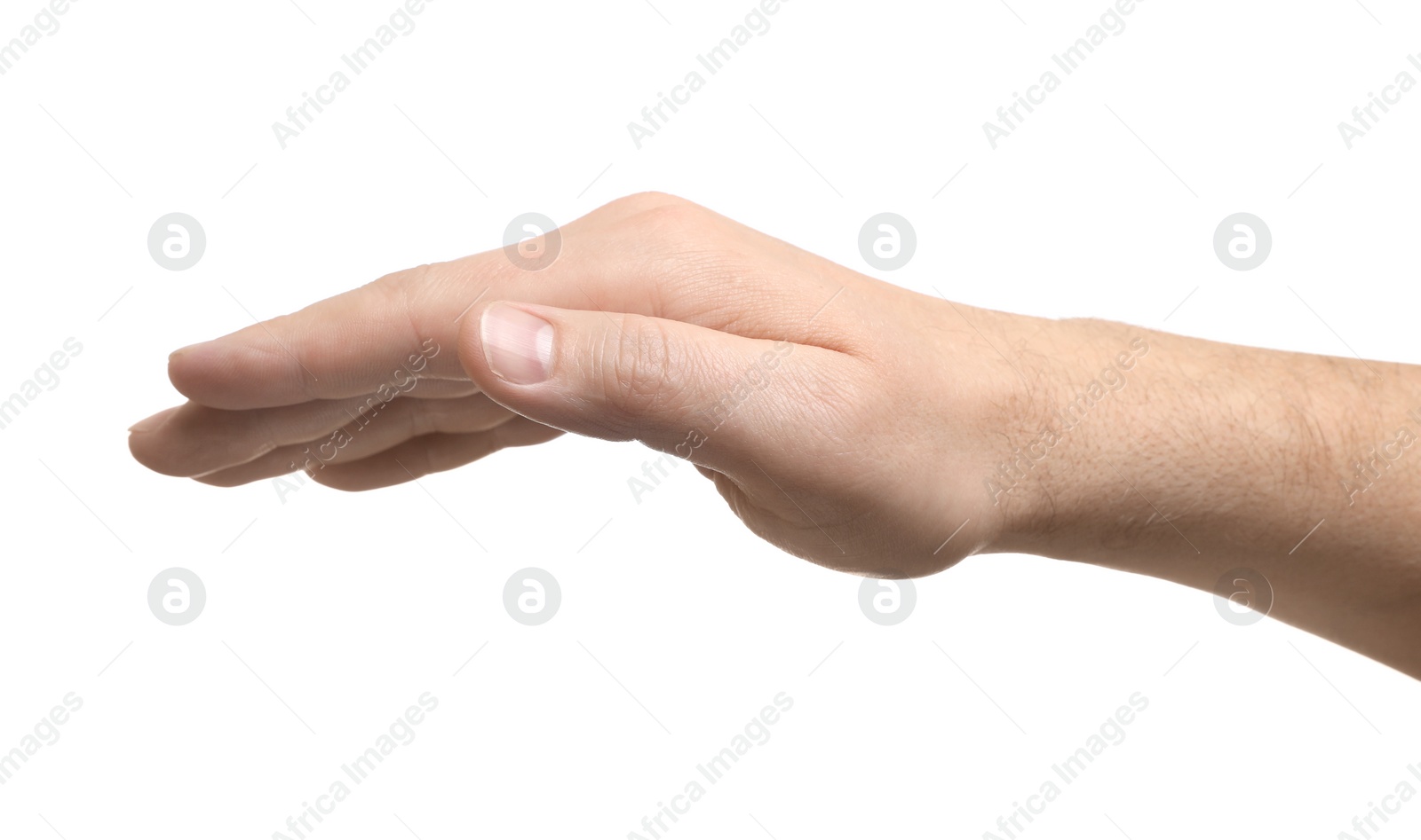 Photo of Man showing hand on white background, closeup