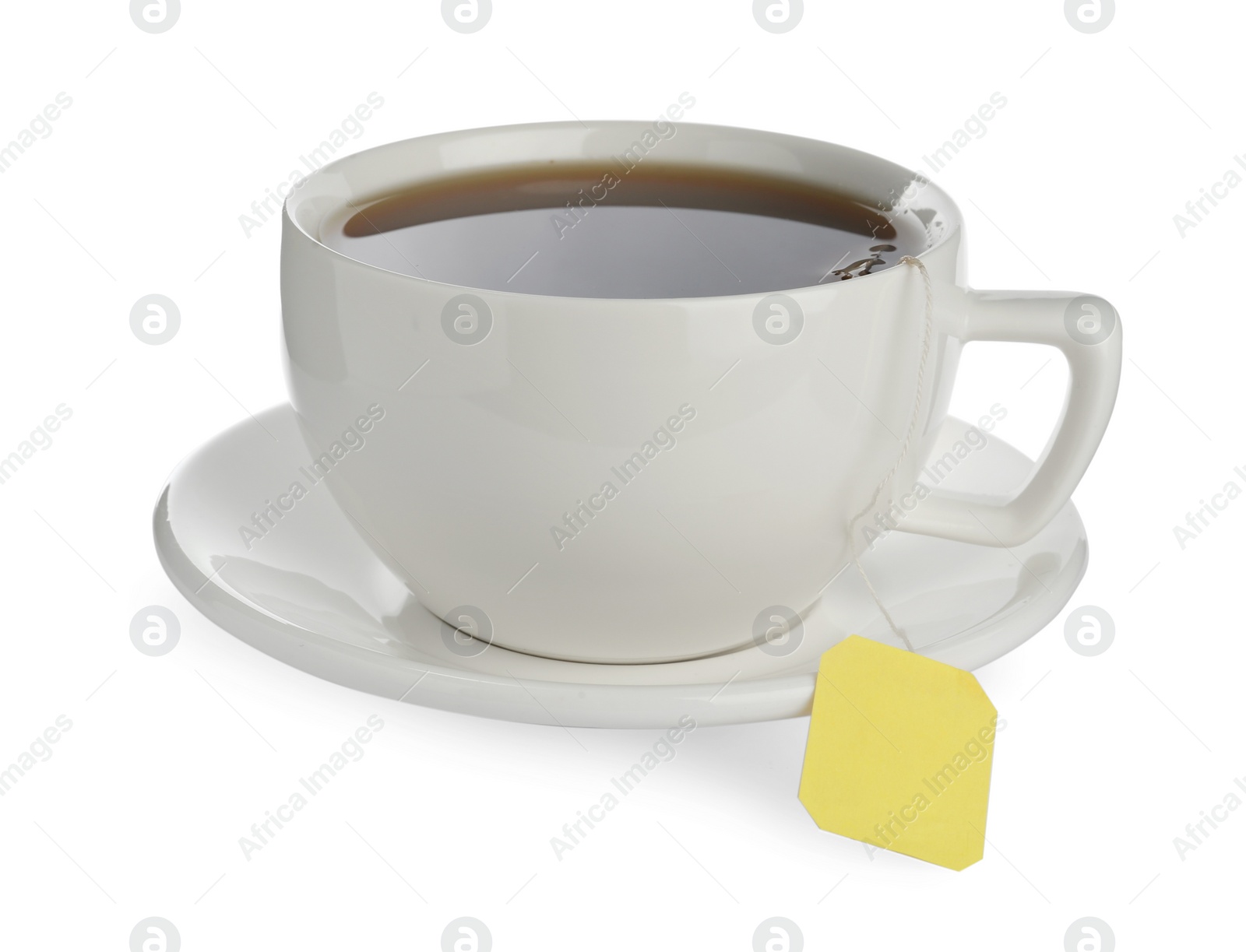 Photo of Tea bag in cup of hot water isolated on white