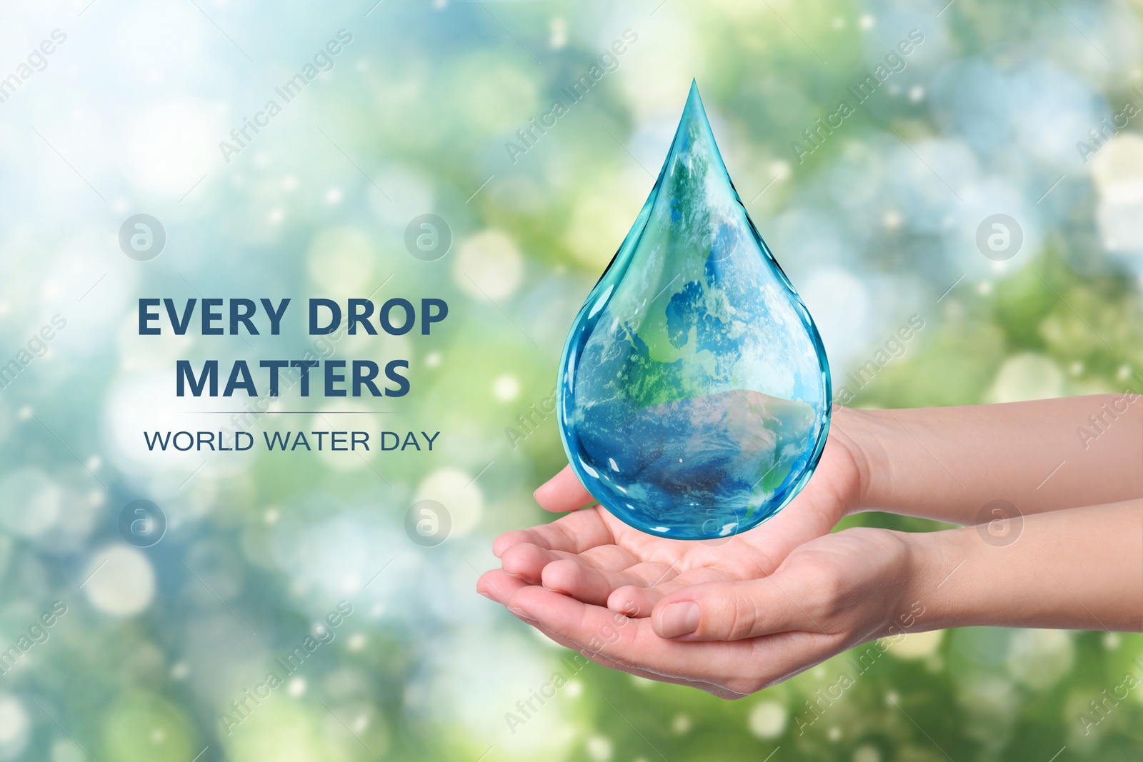 Image of World Water Day. Woman holding icon of drop with Earth image inside on blurred background, closeup