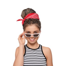 Beautiful woman with african braided bun and sunglasses on white background