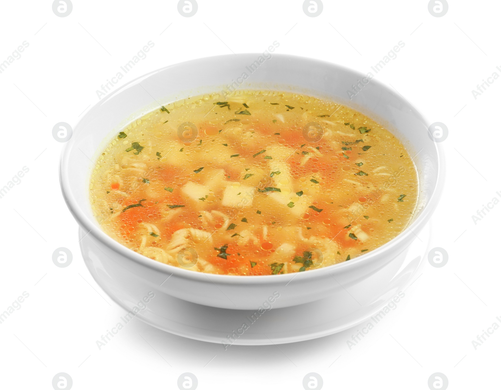 Photo of Hot vegetable soup with noodles in bowl on white background. Healthy food