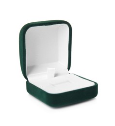 Photo of Empty stylish ring box isolated on white