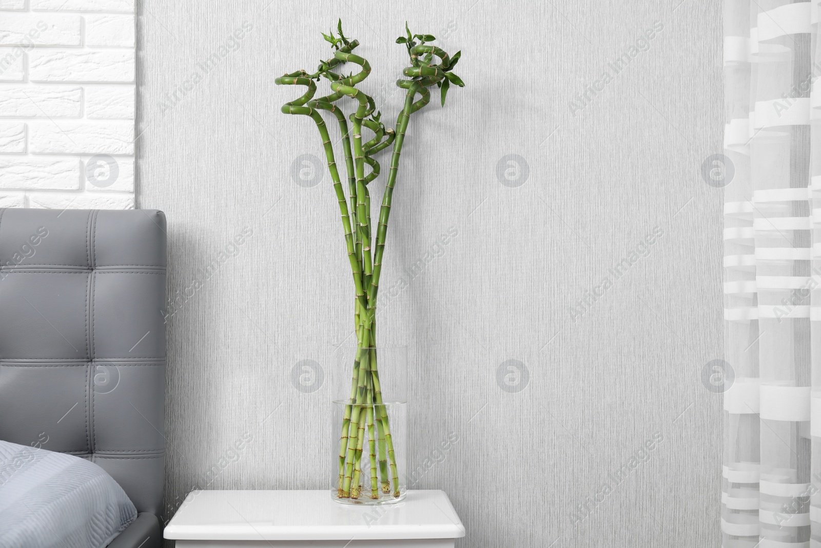 Photo of Vase with beautiful green bamboo stems on white bedside table indoors